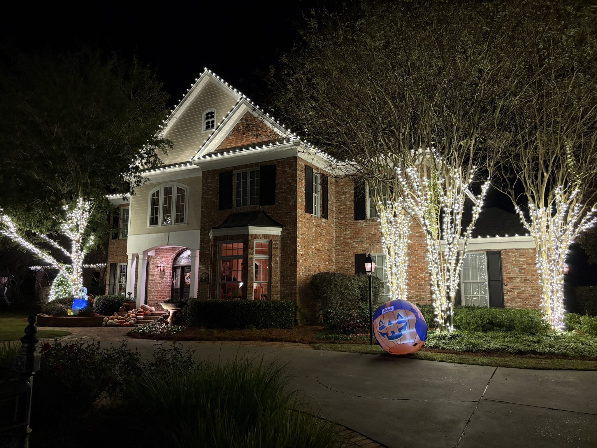Home decorated with Christmas lights at night